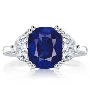 three stone engagement rings - Italo Three Stone Cushion Cut Blue Sapphire Engagement Ring, Italo jewelry - Online Catalog