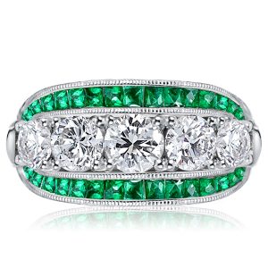 multi row band - Italo Triple Row Round Cut White & Emerald Engagement Ring, Italo jewelry - Online Catalog