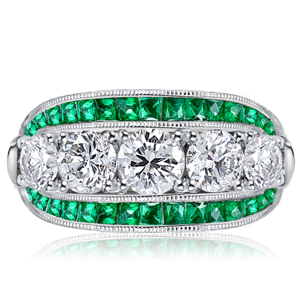 multi row band - Italo Triple Row Round Cut White & Emerald Engagement Ring, Italo jewelry - Online Catalog