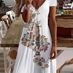Women 3D Printing V Neck Short Sleeve Comfy Vintage Knee Length Dress, Dresses, color:White|size:XXL, catalog Noracora shop