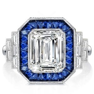 emerald cut engagement rings - Milgrain Halo Blue Sapphire Emerald Cut Engagement Ring, Italo jewelry - Online Catalog