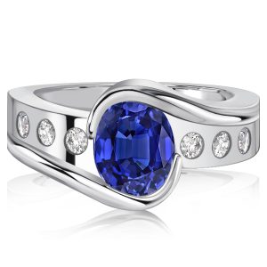 Oval cut engagement Rings - Italo Half-bezel Blue Sapphire Oval Cut Wedding Rings, Italo jewelry - Online Catalog