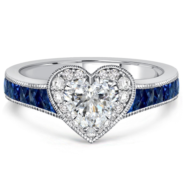halo engagement rings - Italo Milgrain Blue Sapphire Heart Cut Halo Engagement Ring, Italo jewelry - Online Catalog
