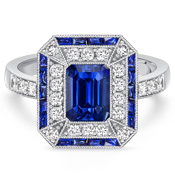 halo engagement rings - Italo Art Deco Emerald Cut Blue Sapphire Vintage Engagement Ring, Italo jewelry - Online Catalog