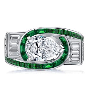vintage engagement rings - Italo Art Deco Pear Shaped Emerald Green Engagement Ring, Italo jewelry - Online Catalog