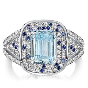 halo engagement rings - Italo Micro Pave Emerald Cut Aquamarine Cocktail Ring, Italo jewelry - Online Catalog
