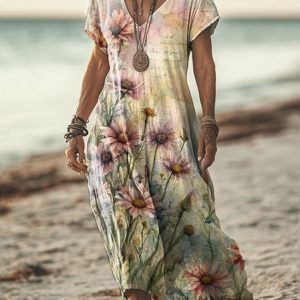 Women Floral V Neck Short Sleeve Comfy Casual Maxi Dress, Maxi, color:Light Khaki|size:4XL, catalog Noracora shop