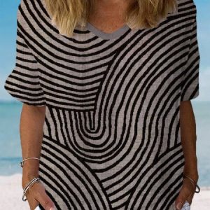 Women's Short Sleeve Blouse Summer Geometric Cotton Crew Neck Daily Going Out Casual Top, JustFashionNow Blouses, color:Black|size:XXL,