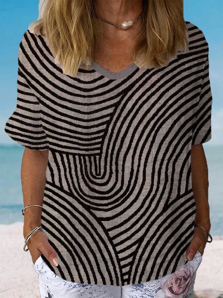 Women's Short Sleeve Blouse Summer Geometric Cotton Crew Neck Daily Going Out Casual Top, JustFashionNow Blouses, color:Black|size:XXL,
