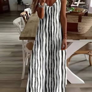 Women Striped Sleeveless Summer Printing Dress V Neck Daily Casual Maxi Slip Dress X-Line Dress, JustFashionNow Casual Dresses, color:White|size:5XL,