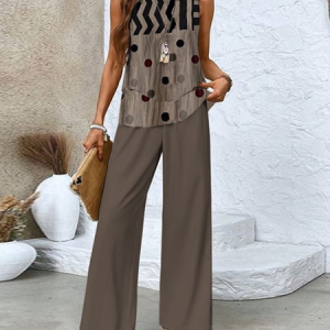 Women's Geometric Printing Two-Piece Set Daily Sleeveless Casual Summer Top With Pants Matching Set, Sets, color:Brown|size:XXL, catalog Noracora shop