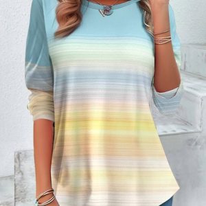 Women's Long Sleeve Tee T-shirt Spring/Fall Gradient Pattern Printing Jersey Crew Neck Holiday Going Out Casual Top, JustFashionNow T-Shirts, color:Light Blue|size:XXL,