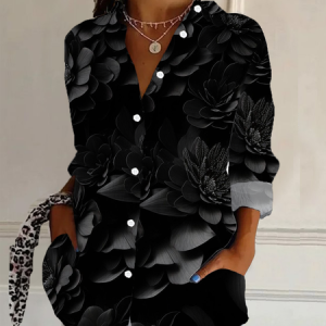 Women's Long Sleeve Shirt Spring/Fall Floral Buckle Shirt Collar Daily Going Out Casual Top, JustFashionNow Shirts, color:Black|size:3XL