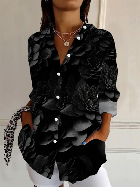 Women's Long Sleeve Shirt Spring/Fall Black Floral Buckle Shirt Collar Daily Going Out Casual Top, Blouses, Lilicloth.com
