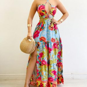 Floral Print Criss Cross Halter Slit Dress Casual Hollow Our Ruffes Vacation Maxi Dress, women Maxi Dresses, ChicMe catalog