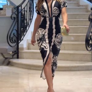Floral Print Deep V Neck Short Sleeve Ruched Maxi Dress Casual Slit Front Vacation Dress, women Print Dresses, ChicMe catalog