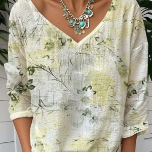 Casual Floral Loose Jersey T-Shirt, Long sleeves, Lilicloth.com