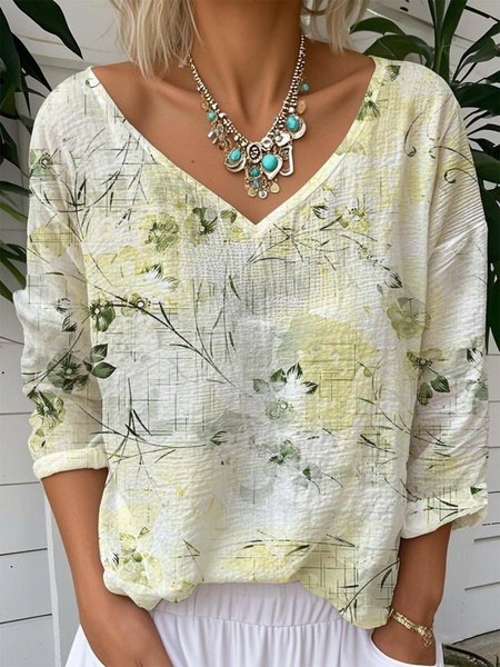 Casual Floral Loose Jersey T-Shirt, Long sleeves, Lilicloth.com