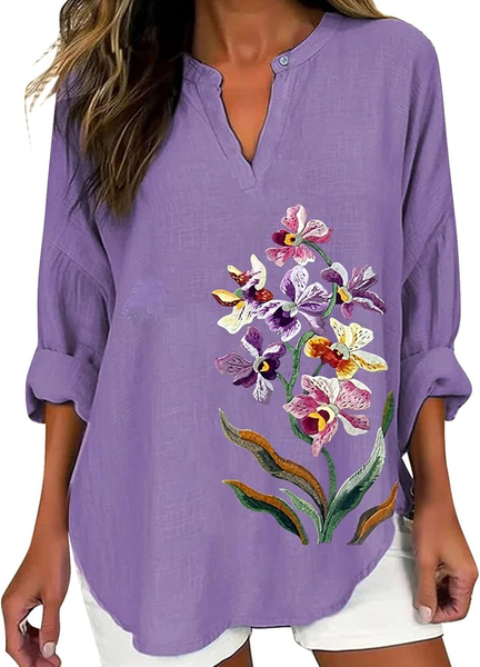 Women's Purple Floral Print Elegant Vintage V-Neck Shirt, Blouses, Lilicloth.com - Image 2