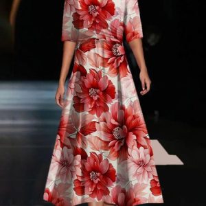 Women's Short Sleeve Summer Floral Dress V Neck Daily Going Out Casual Maxi A-Line, JustFashionNow Dresses, color:Red|size:XXL,