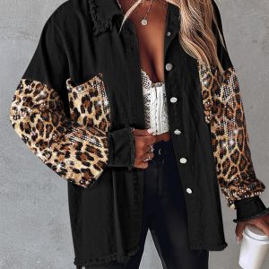 Contrast Sequin Leopard Print Spliced Turn-down Collar Button Front Denim Jacket Casual Pockets Design Raw Hem Coat, women Jackets & Coats, ChicMe catalog