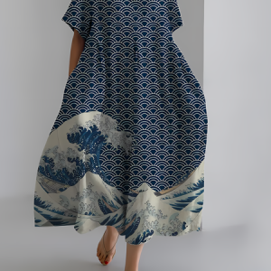 Women's Japanese Art Floral Print Vintage Round Neck Pleated Maxi Dress, Dresses, Lilicloth.com