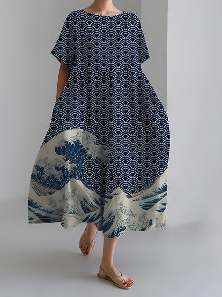 Women's Japanese Art Floral Print Vintage Round Neck Pleated Maxi Dress, Dresses, Lilicloth.com
