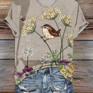 Crew Neck Regular Fit Casual Floral T-Shirt, T-shirts, Lilicloth.com