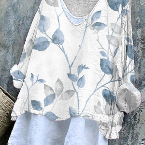 Women's Floral Long Sleeve Blouse_ Spring/Fall Printing V Neck Daily Casual Top, JustFashionNow Blouses, color:White|size:4XL,
