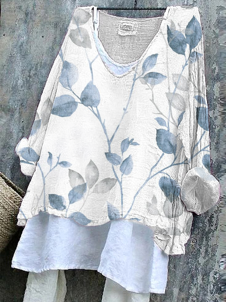 Women's Floral Long Sleeve Blouse_ Spring/Fall Printing V Neck Daily Casual Top, JustFashionNow Blouses, color:White|size:4XL,