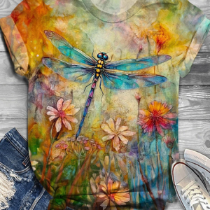 Dragonfly floral crew neck short-sleeved T-shirt, T-shirts, Lilicloth.com