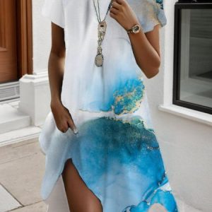 Women's Short Sleeve Summer Abstract Dress Crew Neck Daily Going Out Casual Midi H-Line T-Shirt Dress, JustFashionNow Dresses, color:Blue|size:XXL,