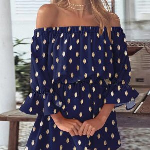 Bronzing Polka Dot Off the Shoulder Bell Sleeve Dress Casual Waist A Line Mini Dress, women Casual Dresses, ChicMe catalog