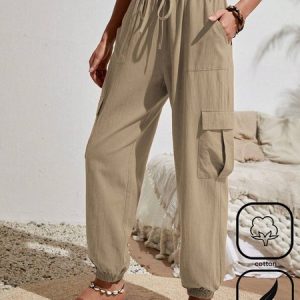 Plus Size Pocket Stitching Plain Casual Pants, JustFashionNow Pants, color:Khaki|size:4X,