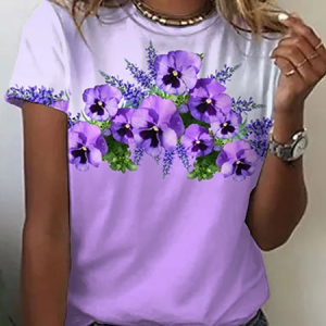 Women's Purple Flower Alzheimer's Awareness Support Casual O-Neck Tee, T-shirts, Lilicloth.com