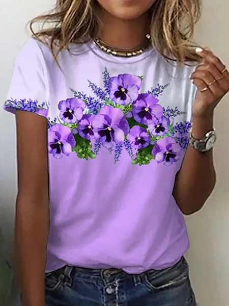 Women's Purple Flower Alzheimer's Awareness Support Casual O-Neck Tee, T-shirts, Lilicloth.com
