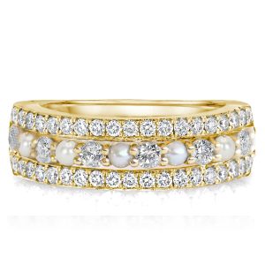 multi row band - Yellow Gold Pearl & Round Cut Half Eternity Wedding Band, Italo jewelry - Online Catalog