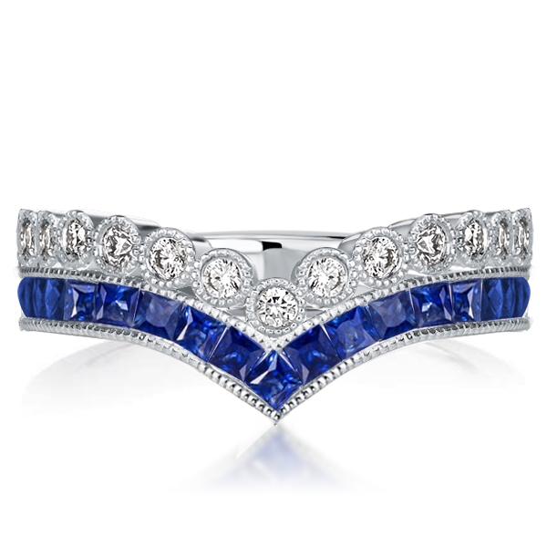 multi row band - Milgrain Double Row Blue Topaz Half Eternity Wedding Band, Italo jewelry - Online Catalog