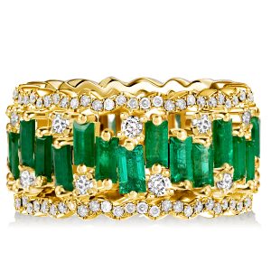 multi row band - Italo Golden Triple Row Baguette Cut Emerald Wedding Band, Italo jewelry - Online Catalog