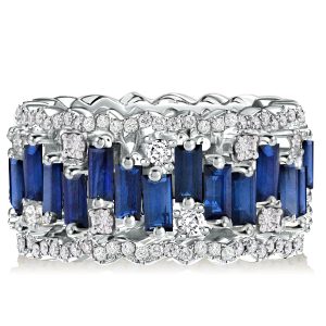 multi row band - Italo Baguette Cut White & Blue Sapphire Wedding Band, Italo jewelry - Online Catalog