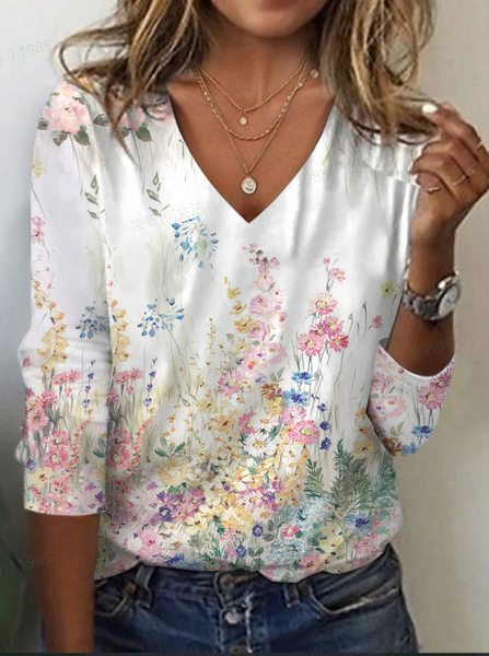 Women's Floral Long Sleeve Tee T-shirt V Neck Printing Casual Spring/Fall Graphic Tee Top, JustFashionNow T-Shirts, color:White|size:XXL - Image 2