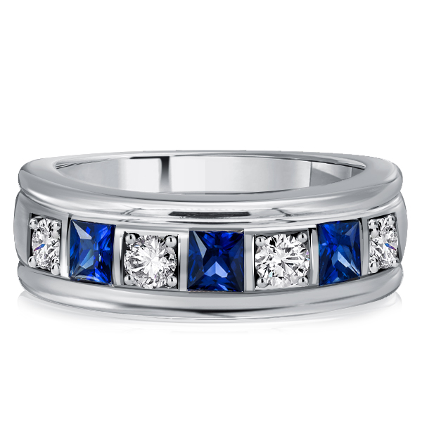 anniversary band - Italo Princess Cut White & Blue Sapphire Vintage Wedding Band, Italo jewelry - Online Catalog