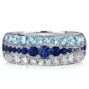 anniversary band - Italo Multi Row Blue Sapphire Half Eternity Band Aquamarine Ring, Italo jewelry - Online Catalog