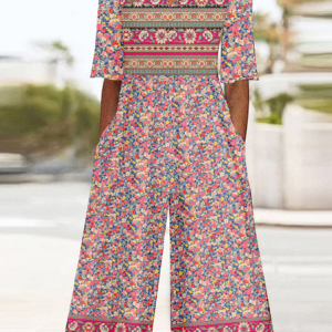 Women's Ethnic V Neck Half Sleeve Vintage Summer Jumpsuit, JustFashionNow Jumpsuits＆Rompers, color:Pink|size:4XL,