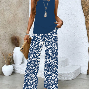 Women's Floral Printing Two-Piece Set Daily Sleeveless Casual Summer Top With Pants Matching Set, JustFashionNow Suit Set, color:Purplish blue|size:XXL,