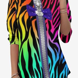 Women's Long Sleeve Tee T-shirt Spring/Fall Zebra Jersey Crew Neck Daily Going Out Casual Top, JustFashionNow T-Shirts, color:Multicolor|size:XXL,