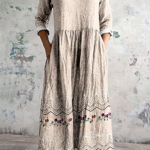 Women Floral V Neck Long Sleeve Comfy Casual Maxi Dress, Maxi, color:Apricot|size:3XL, catalog Noracora shop