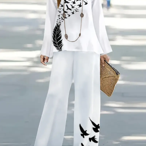 Women's Bird Two-Piece Set Daily Long Sleeve Casual Spring/Fall Top With Pants Matching Set, JustFashionNow Suit Set, color:White|size:XXL,