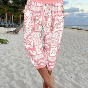 Plants Print Low Waist Wooden Button Decor Capris Pants Vacation Pants with Pockets, women Pants, ChicMe catalog