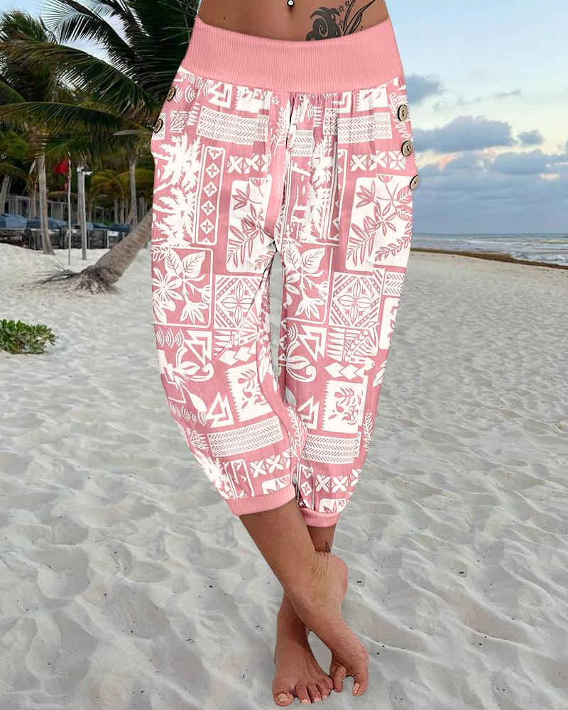 Plants Print Low Waist Wooden Button Decor Capris Pants Vacation Pants with Pockets, women Pants, ChicMe catalog